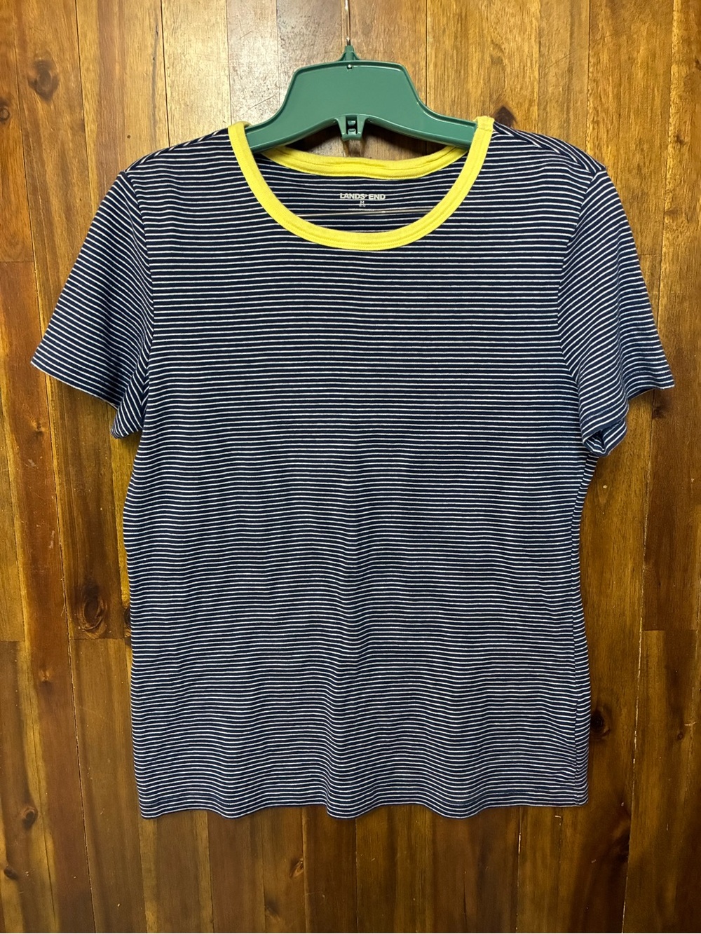 Lands' End Women’s Navy & White Striped Tee with Yellow Trim (M)
